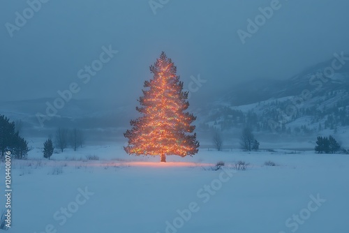 Wallpaper Mural Illuminated Christmas tree in snowy landscape at dusk. Torontodigital.ca