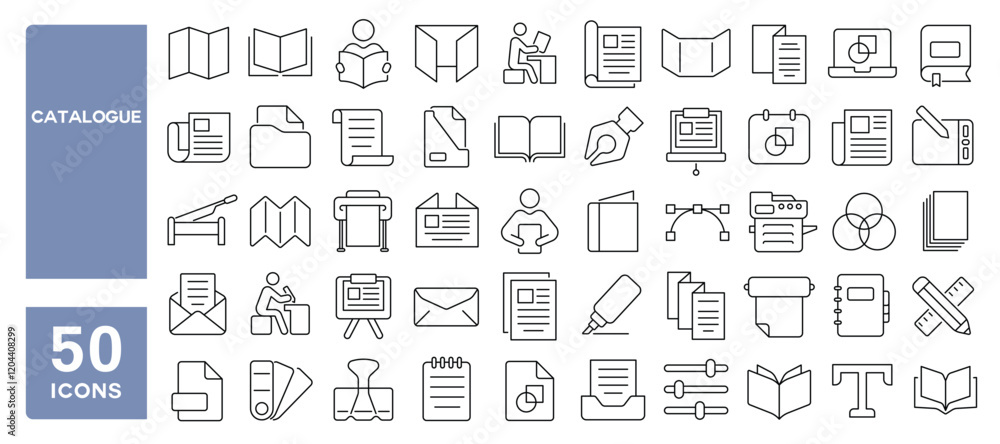 Set of 50 line icons related to catalogue, flyer, brochure, leaflet, booklet, menu, print, paper, envelope, banner, magazine, Editable stroke. Vector illustration Set of 50 line icons related to catalogue, flyer, brochure, leaflet, booklet, menu, print, paper, envelope, banner, magazine, Editable stroke. Vector illustration