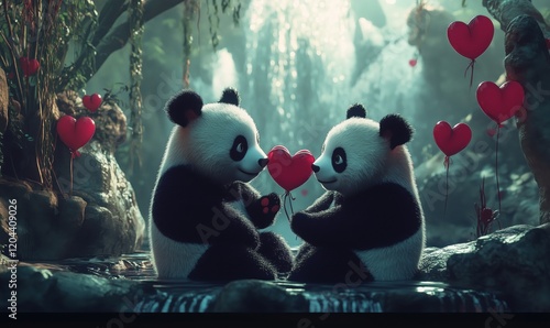 Pandas exchanging love hearts in enchanting forest setting, surrounded by lush greenery and floating heart balloons, showcasing affection and tenderness photo