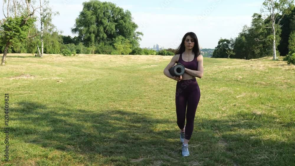 Young athletic brunette woman lays out a sports gray mat on green grass. Woman workout. Slow motion Young athletic brunette woman lays out a sports gray mat on green grass. Woman workout. Slow motion