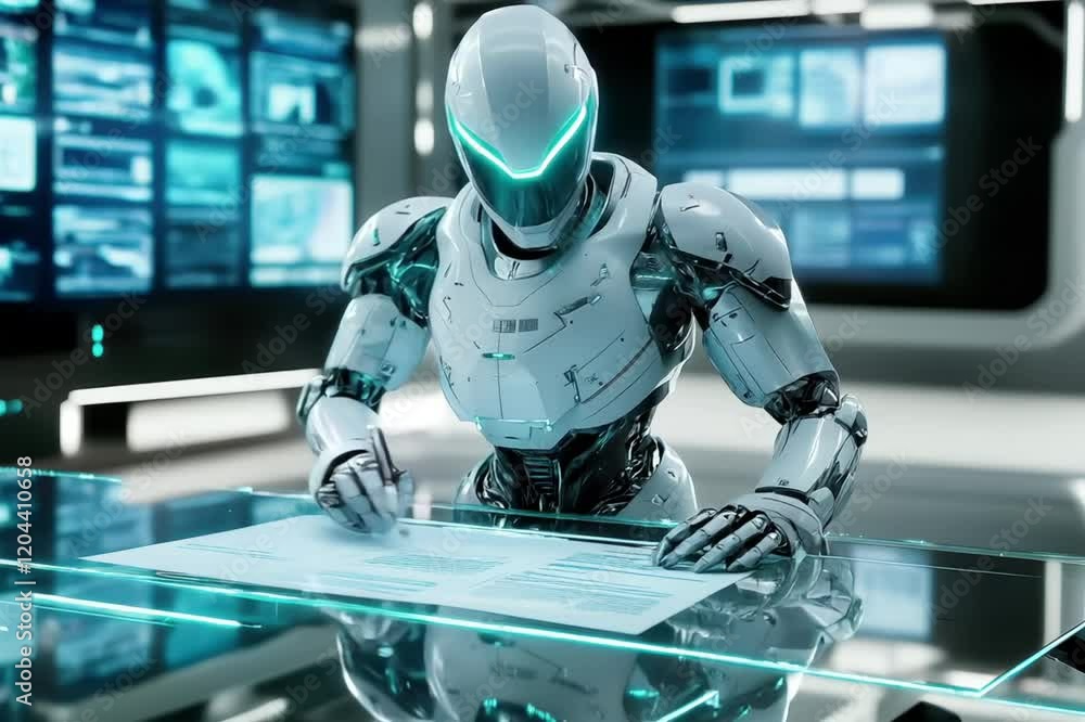 Humanoid Robot in a Corporate Setting Signing Documents Humanoid Robot in a Corporate Setting Signing Documents