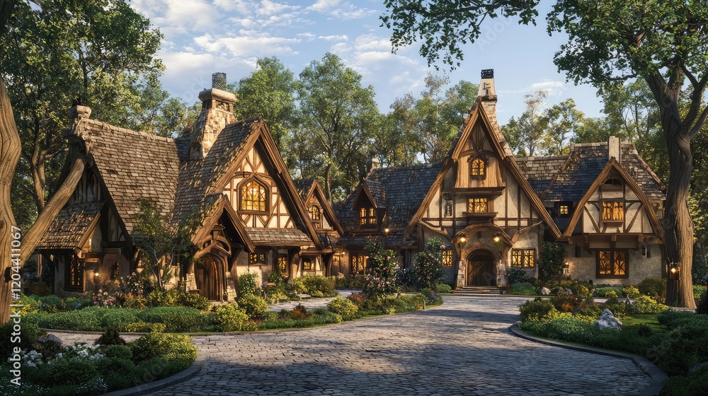 A serene medieval village with charming timber-framed houses surrounded by lush gardens and cobblestone pathways, bathed in warm evening light. Ideal for storytelling, fantasy world design A serene medieval village with charming timber-framed houses surrounded by lush gardens and cobblestone pathways, bathed in warm evening light. Ideal for storytelling, fantasy world design