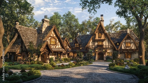 Wallpaper Mural A serene medieval village with charming timber-framed houses surrounded by lush gardens and cobblestone pathways, bathed in warm evening light. Ideal for storytelling, fantasy world design Torontodigital.ca