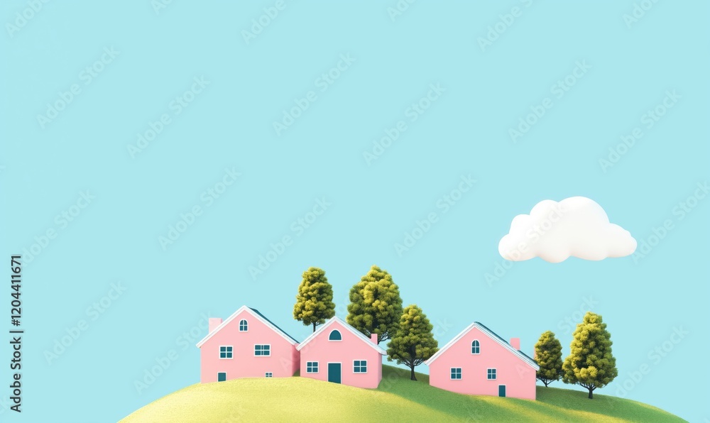 Naklejka premium Colorful houses on green hill with blue sky and fluffy cloud, whimsical landscape design, cheerful and inviting atmosphere