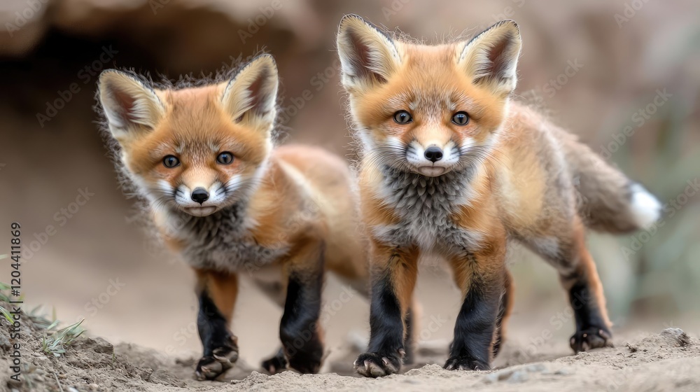 Obraz premium Two curious red fox cubs stand on the sandy ground near their den entrance in natural daylight.