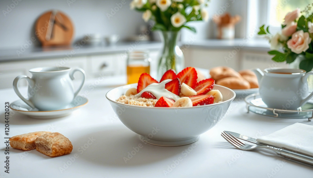 A beautifully arranged breakfast table with cereals, fresh fruits, and beverages under soft natural lighting. Includes strawberries, bananas, tea, coffee, and pastries, evoking feelings of morning rel A beautifully arranged breakfast table with cereals, fresh fruits, and beverages under soft natural lighting. Includes strawberries, bananas, tea, coffee, and pastries, evoking feelings of morning rel