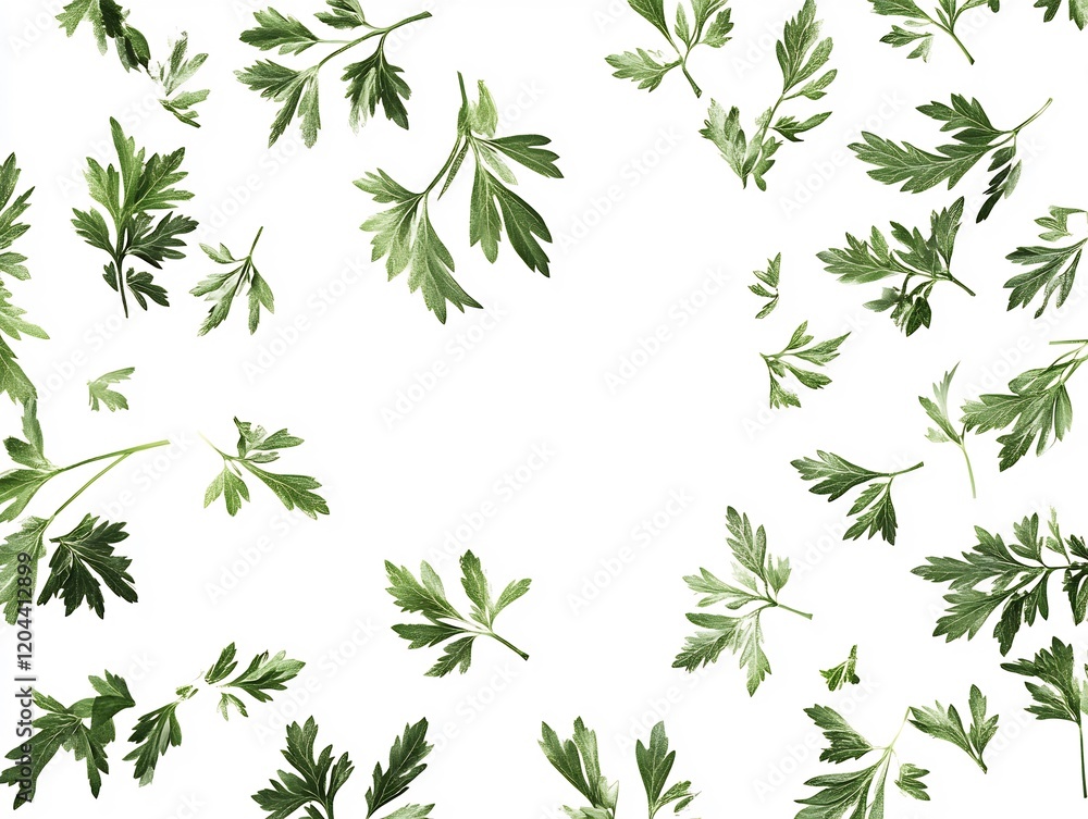 Floating Parsley Leaves White Background. AI Generated Floating Parsley Leaves White Background. AI Generated