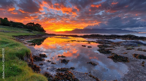 Vibrant sunset over coastal landscape, reflecting in tide pools. Use travel brochure