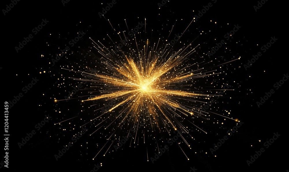 Golden explosion of light with radiant sparks and shimmering particles against black background, creating a dynamic visual effect Golden explosion of light with radiant sparks and shimmering particles against black background, creating a dynamic visual effect