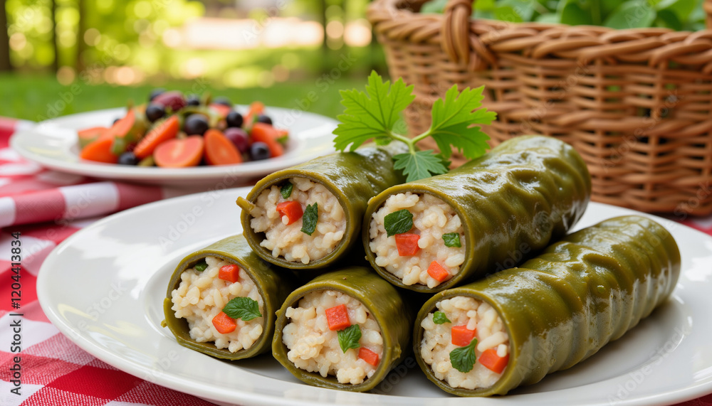 Stuffed grape leaves on plate in outdoor picnic setting, culinary delight Stuffed grape leaves on plate in outdoor picnic setting, culinary delight
