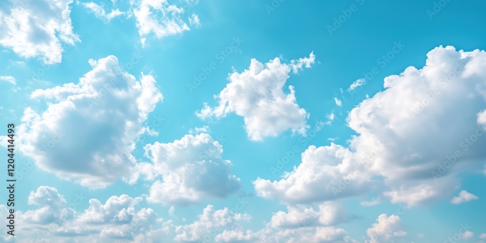 Fluffy white clouds scattered across bright blue sky, creating a serene and tranquil atmosphere, perfect for relaxation and daydreaming Fluffy white clouds scattered across bright blue sky, creating a serene and tranquil atmosphere, perfect for relaxation and daydreaming