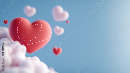 Softly glowing hearts float on clouds. AI Generated