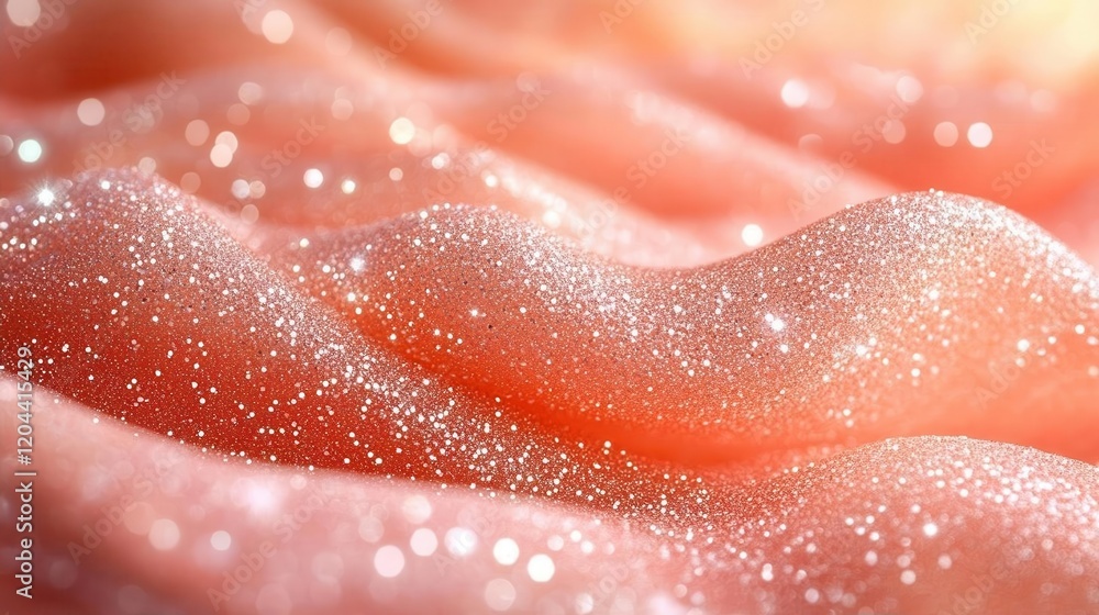 Sparkling Coral Glitter Texture: A Close-Up Macro Shot of Shimmering Peachy Pink Substance Sparkling Coral Glitter Texture: A Close-Up Macro Shot of Shimmering Peachy Pink Substance