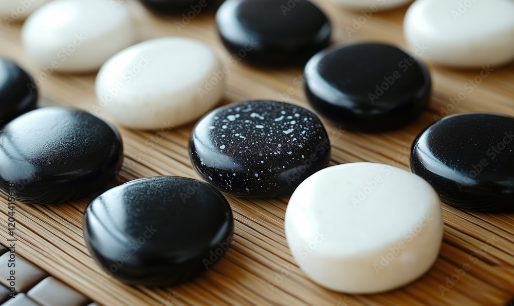 Black and White Go Stones on Bamboo Board, Elegant Arrangement of Traditional Game Pieces, Glossy Finish, Textured Surface Black and White Go Stones on Bamboo Board, Elegant Arrangement of Traditional Game Pieces, Glossy Finish, Textured Surface