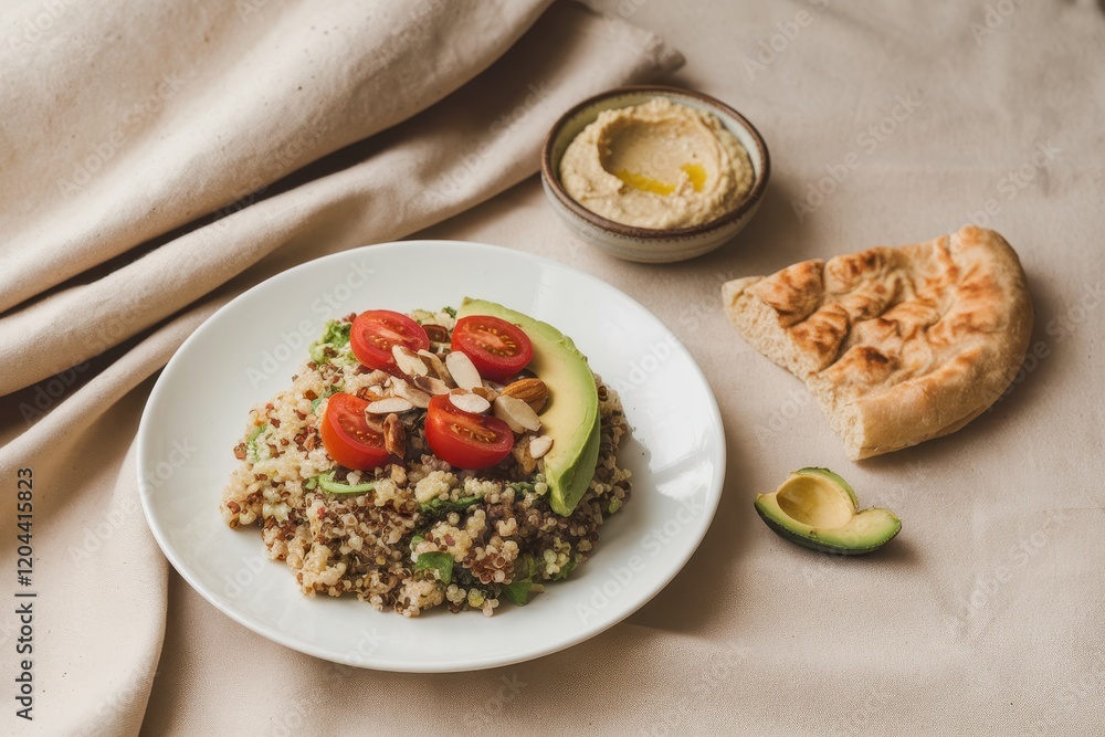 Healthy Quinoa Salad with Avocado, Tomatoes, and Almonds, Served with Hummus and Pita Bread Healthy Quinoa Salad with Avocado, Tomatoes, and Almonds, Served with Hummus and Pita Bread