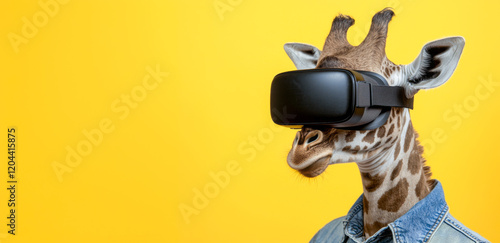 Giraffe with VR Headset on Yellow Background: Funny Animal with Virtual Reality Headset and Jeans Jacket on Vibrant Yellow Backdrop - Banner with Copy Space