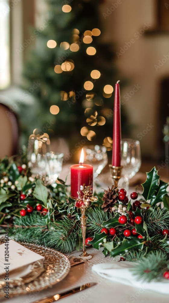 Festive candle centerpiece with holly and pine for holiday charm Festive candle centerpiece with holly and pine for holiday charm