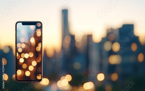 Transparent smartphone blending into a blurred cityscape at night, emphasizing modern urban technology, futuristic connectivity, and advanced communication innovation photo