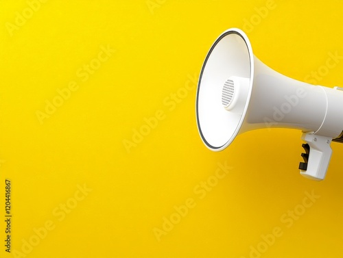 Side view of a white megaphone on a vibrant yellow background, highlighting bold communication, marketing creativity, and promotional impact for contemporary design use photo