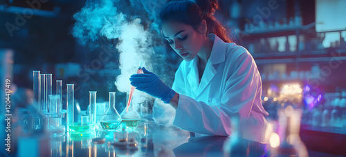 Scientist Conducting Experiment in Laboratory with Colorful Chemicals
