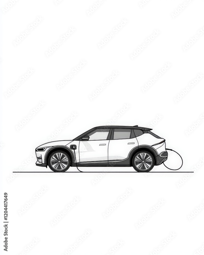Fototapeta premium Minimalistic side profile of a white electric car on a plain background, representing clean energy, futuristic design, and automotive innovation in sleek modern illustration
