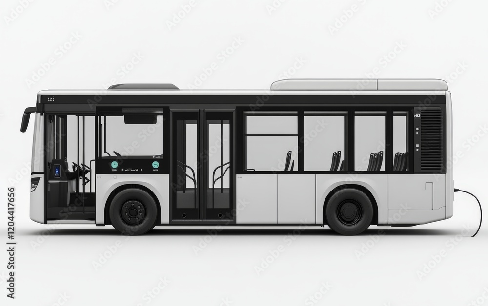 Clean illustration of a modern electric bus with sleek white and black tones, showcasing themes of public transportation, sustainability, and innovative urban mobility Clean illustration of a modern electric bus with sleek white and black tones, showcasing themes of public transportation, sustainability, and innovative urban mobility