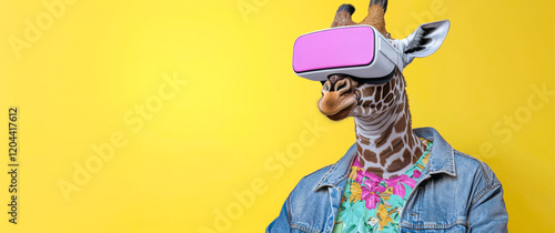 Giraffe with Pink VR Headset on Yellow Background: Funny Animal with Virtual Reality Headset, Hawaiian Shirt and Jeans Jacket on Vibrant Yellow Backdrop - Banner with Copy Space