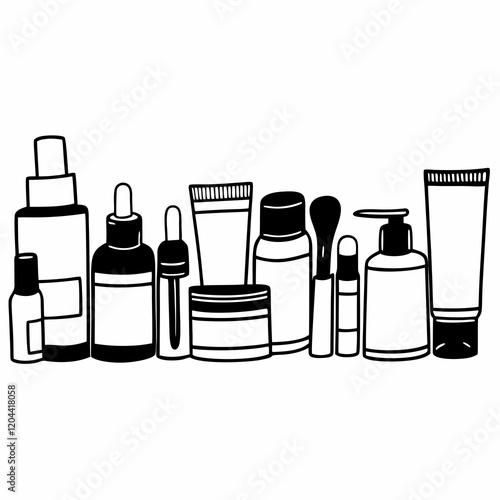 Set of cosmetic jars, vector silhouette, black and white