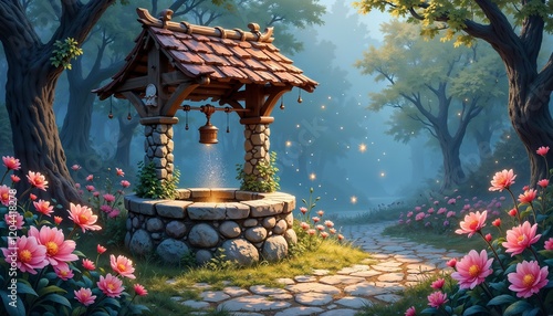 Enchanted wishing well surrounded by blooming pink flowers, glowing fireflies, and a cobblestone path leading into a mystical forest bathed in soft twilight. Magical fairytale setting.