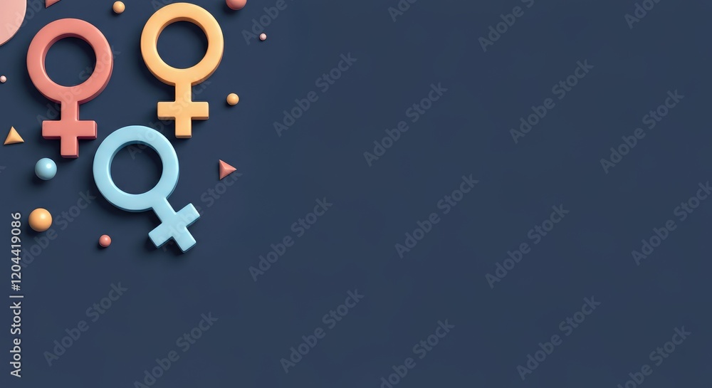 Feminine gender symbols on dark blue background, with scattered geometric shapes Feminine gender symbols on dark blue background, with scattered geometric shapes