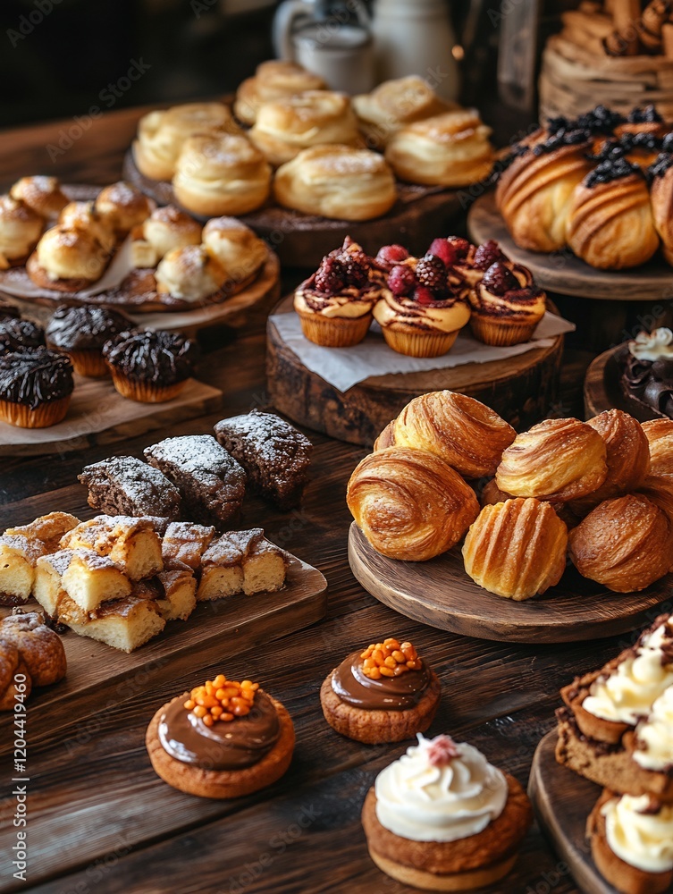 Golden pastries gleam warmly arranged on wood. AI Generated Golden pastries gleam warmly arranged on wood. AI Generated