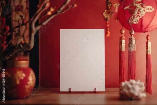 a realistic photo of a blank 5x7 inches invitation card in portrait, the back ground is chinese new year themed colors and decorations photo