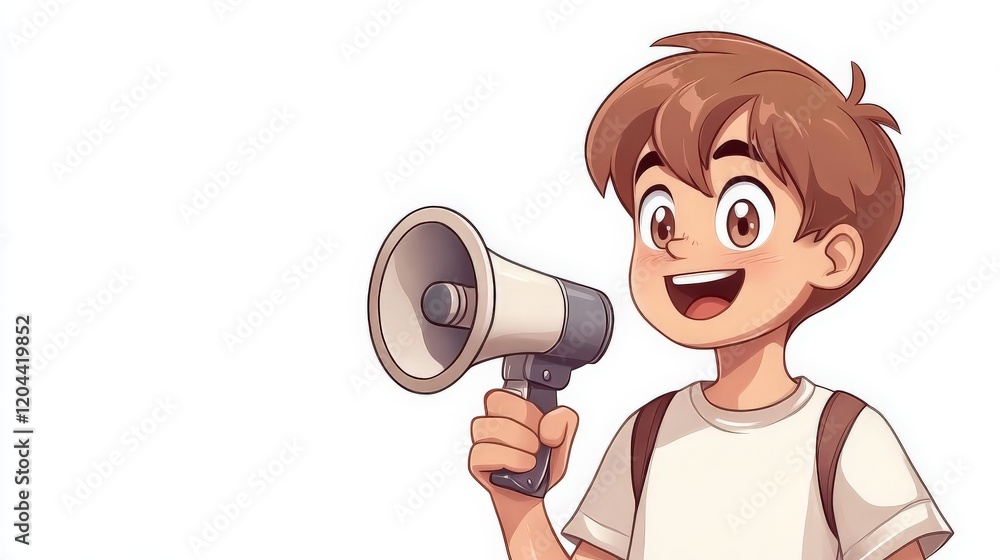 Naklejka premium Cartoon boy holding a megaphone, cheerful expression, playful illustration, white background, concept of youth communication and enthusiasm