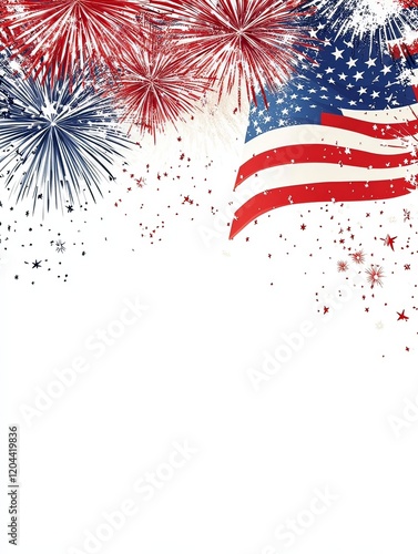 American Flag with Fireworks on White Background, Space for Text, Perfect for Independence Day or Patriotic Designs