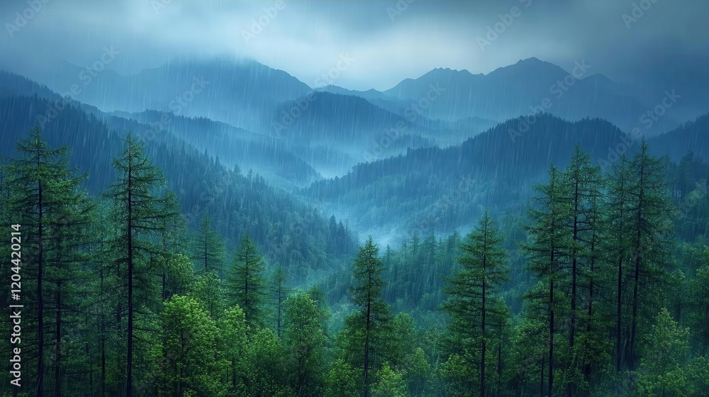 Fototapeta Misty Mountain Majesty: A Serene Rainscape in the Verdant Forest