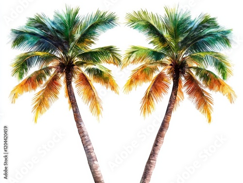 Bright and vibrant illustration of three tropical palm trees with gradient tones, perfect for summer travel themes, beach landscapes, and tropical vacation concepts in vector art photo