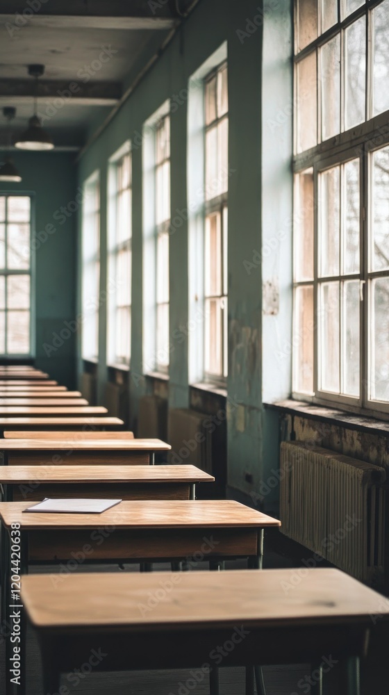 A row of empty desks in a classroom with large windows allowing natural light. A row of empty desks in a classroom with large windows allowing natural light.