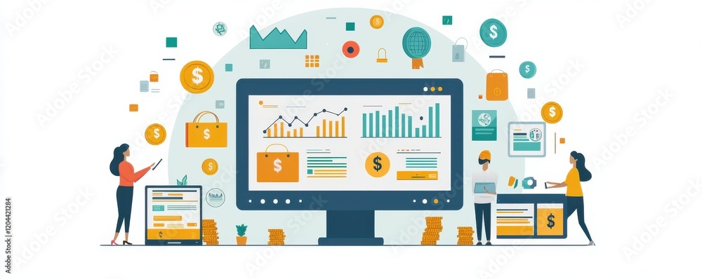 Modern illustration of online shopping platforms on various devices Modern illustration of online shopping platforms on various devices