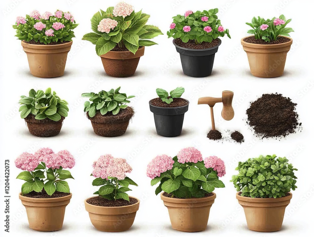Fototapeta premium Assorted potted plants with gardening tools and soil for DIY home gardening projects, emphasizing creativity, plant care, and eco conscious gardening practices