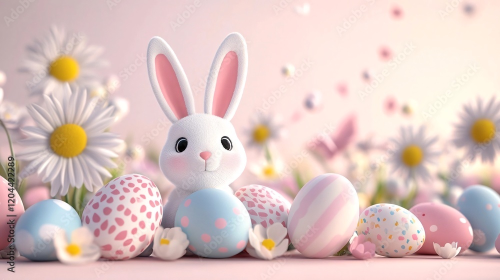 Obraz premium A cute Easter bunny surrounded by Easter eggs sits among daisies and soft floral decorations against a dreamy pink background