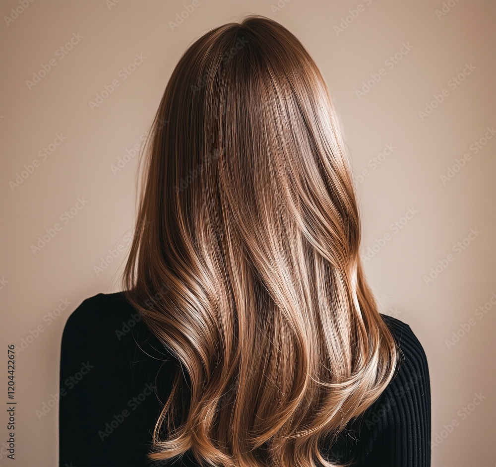 Obraz premium Shiny, long blond brown hair with soft waves from the back against a neutral background, showcasing healthy and well-groomed hairstyle
