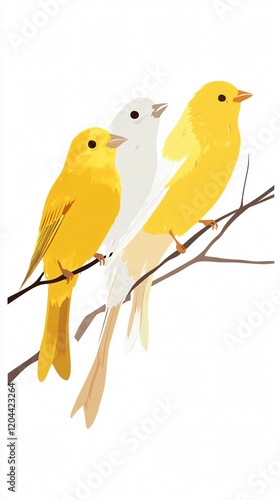 Three birds perched on a branch: two yellow canaries and a white bird. This minimalist vector art captures the beauty and serenity of nature with simple shapes and colors. photo