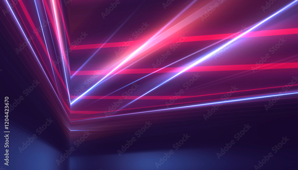 Neon light in tunnels, rays and lines. Perspective of light in motion. Dark abstract neon background, empty stage.