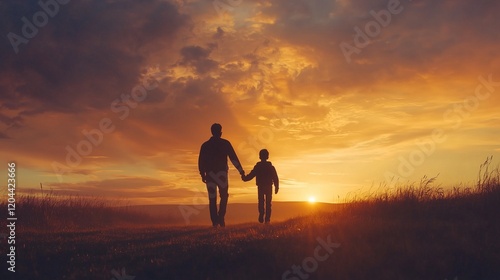 A father and son holding hands while walking at sunset symbolizing love trust and family bonding