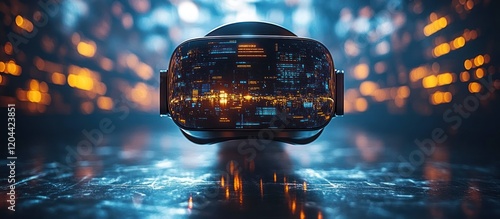 Futuristic VR headset displaying digital data on a reflective surface.