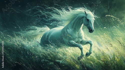 Beautiful white wild horse galloping in the steppe, capturing the horsea??s grace and speed. photo