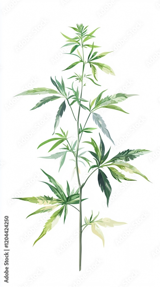 Botanical Cannabis: Exquisitely Rendered Hemp Plant in Full Bloom Against a Pristine White Backdrop Botanical Cannabis: Exquisitely Rendered Hemp Plant in Full Bloom Against a Pristine White Backdrop