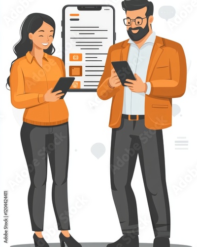 Professional man and woman analyzing documents together, illustrated in a sleek, corporate vector style highlighting collaboration, focus, and modern business themes for stock use