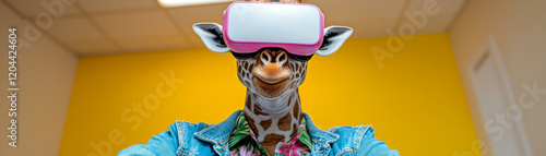 Giraffe with VR Headset on Yellow Background: Funny Animal with Virtual Reality Headset, Hawaiian Shirt and Jeans Jacket on Vibrant Yellow Backdrop - Banner with Copy Space