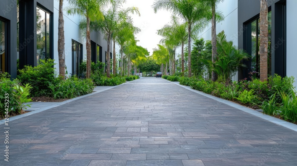 Palm-lined walkway between modern buildings Palm-lined walkway between modern buildings
